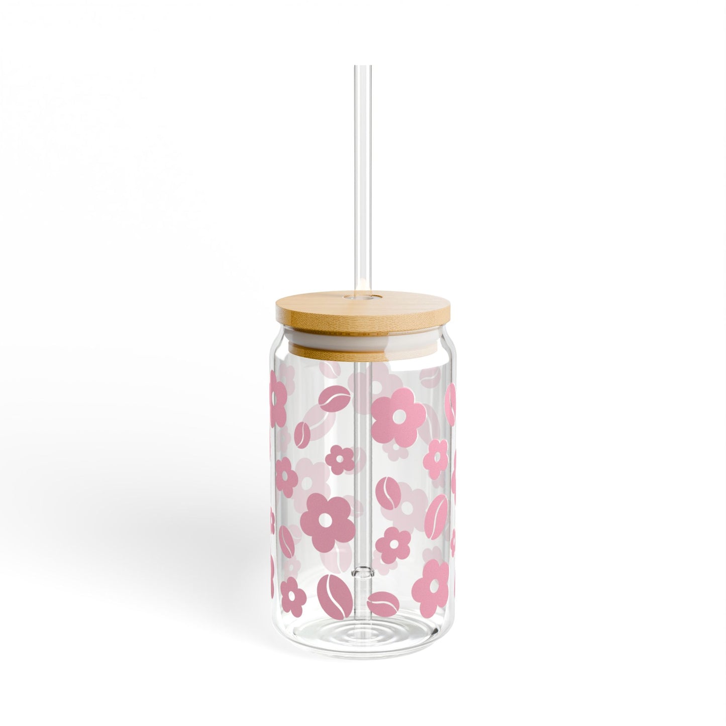 Sipper Glass, 16oz | Glass Cup with Pink Retro Flowers and Coffee beans pattern