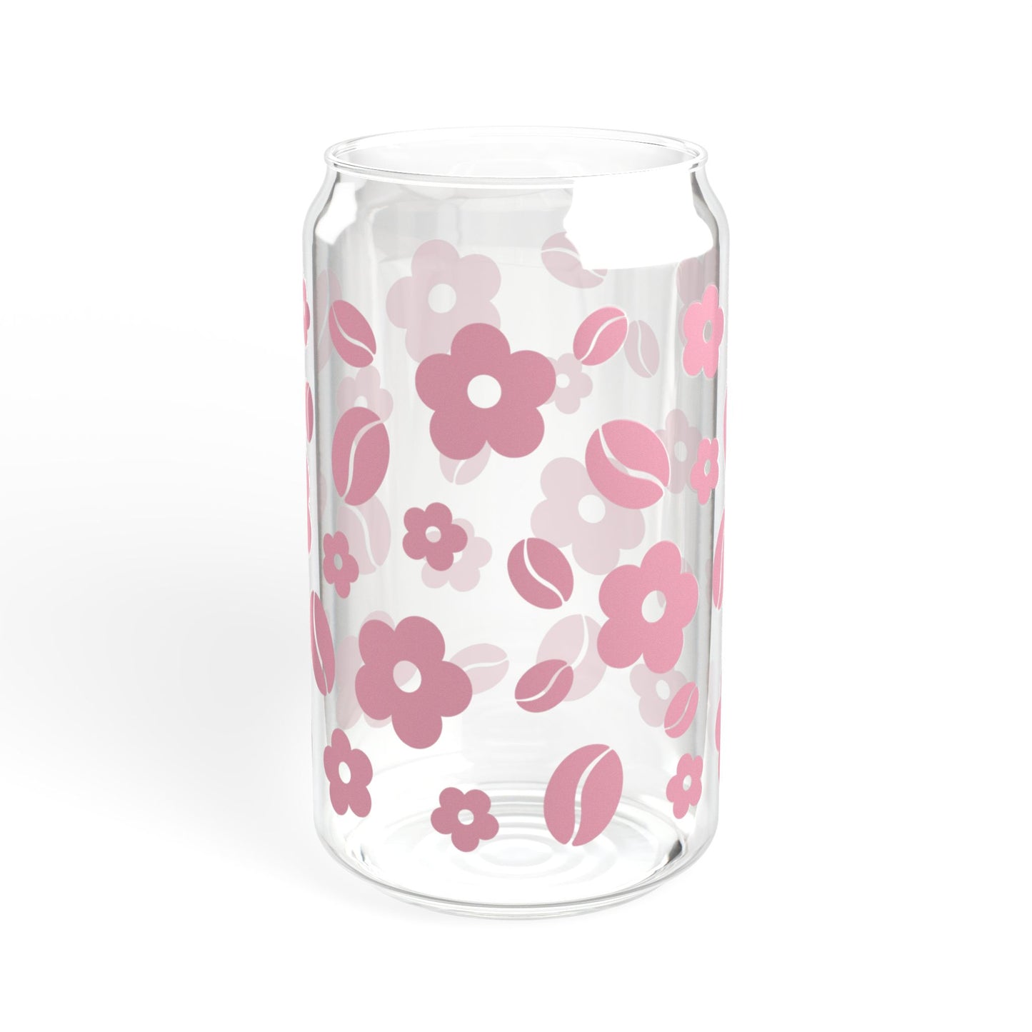 Sipper Glass, 16oz | Glass Cup with Pink Retro Flowers and Coffee beans pattern