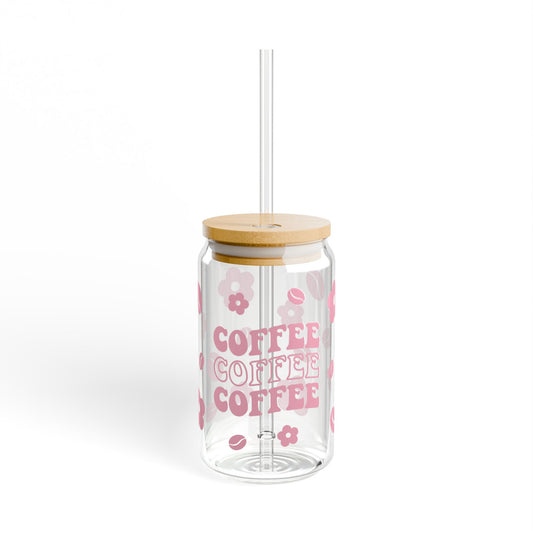 Sipper Glass, 16 oz | Pink Retro Style Coffee Lover Glass Cup, perfect for Iced Coffee