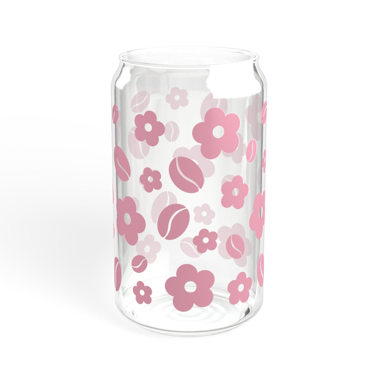 Sipper Glass, 16oz | Glass Cup with Pink Retro Flowers and Coffee beans pattern