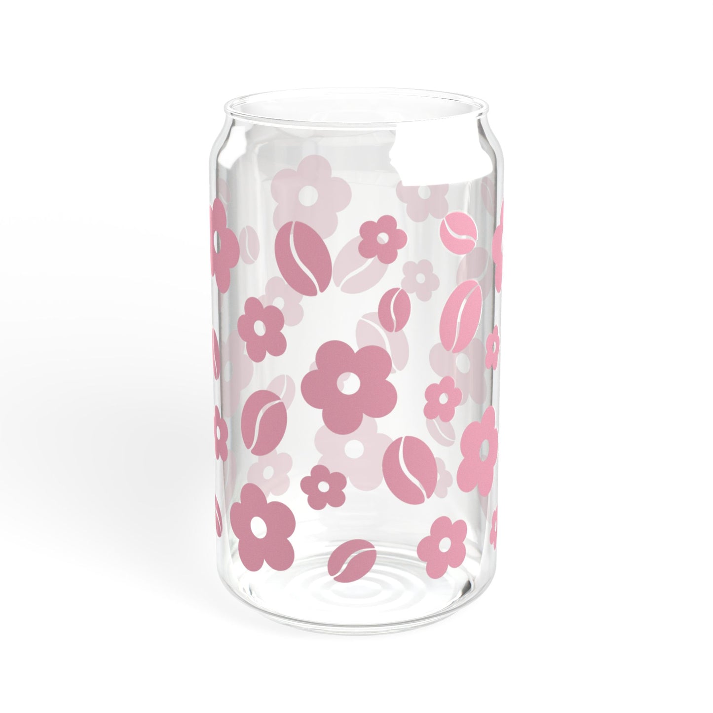 Sipper Glass, 16oz | Glass Cup with Pink Retro Flowers and Coffee beans pattern