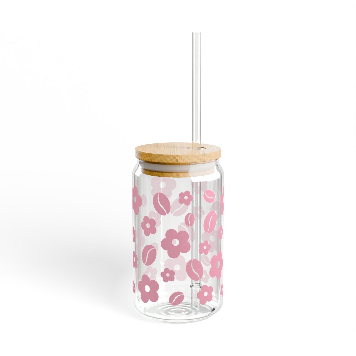 Sipper Glass, 16oz | Glass Cup with Pink Retro Flowers and Coffee beans pattern