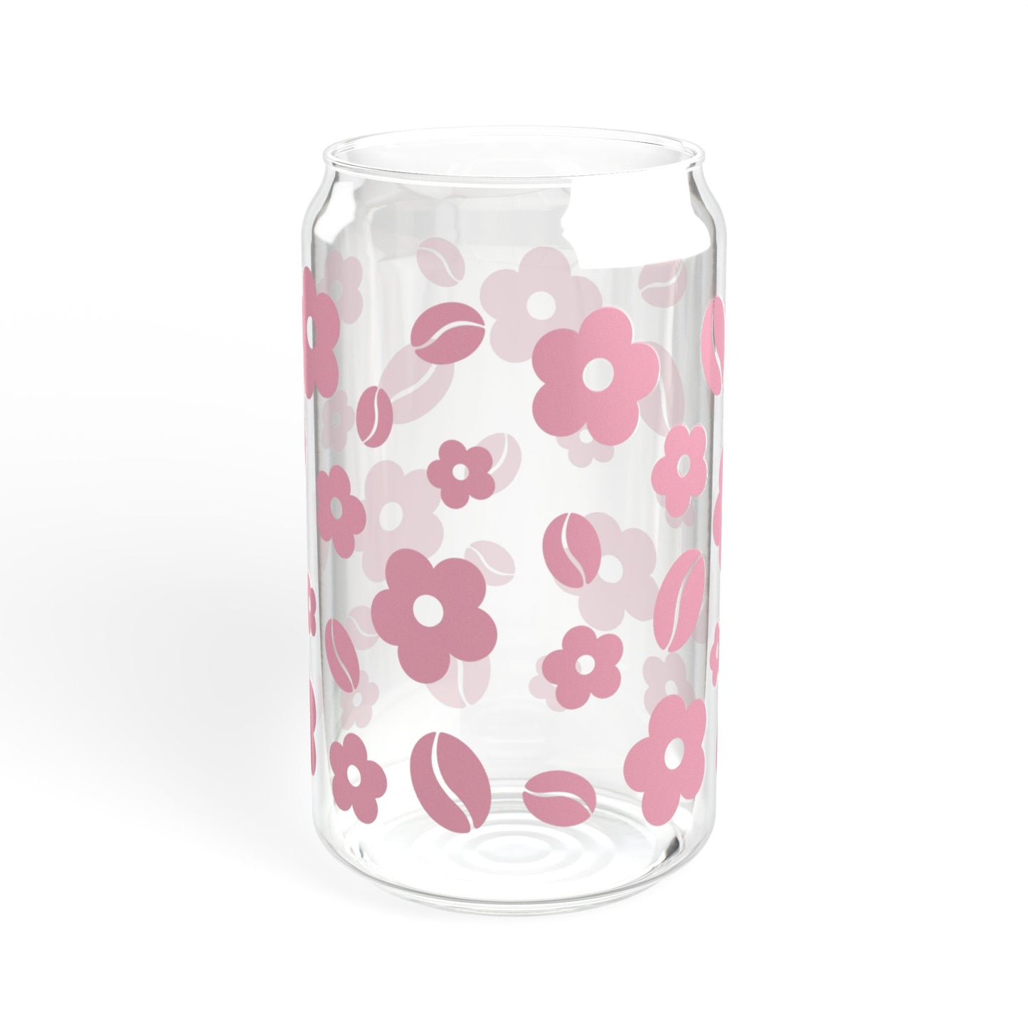 Sipper Glass, 16oz | Glass Cup with Pink Retro Flowers and Coffee beans pattern